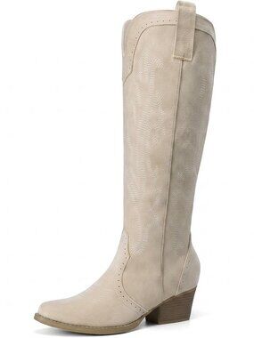 Women,s Beige Faux leather Cowgirl Knee High Boots Retro tall with Side Zipper